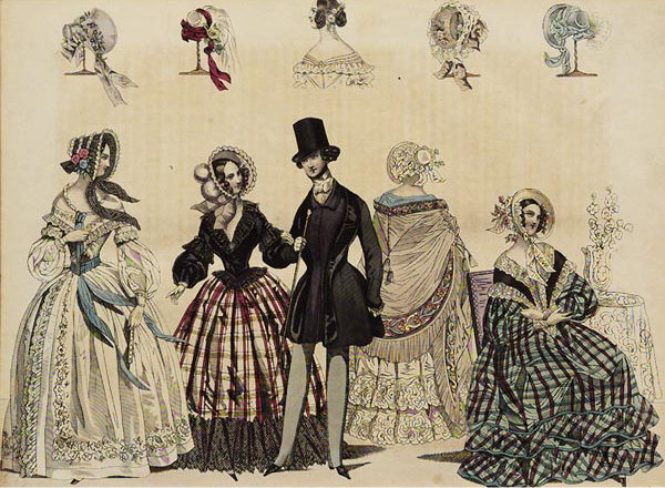 Gravura mostrando os estilos de roupa feminina e masculina da moda da Era Vitoriana.
