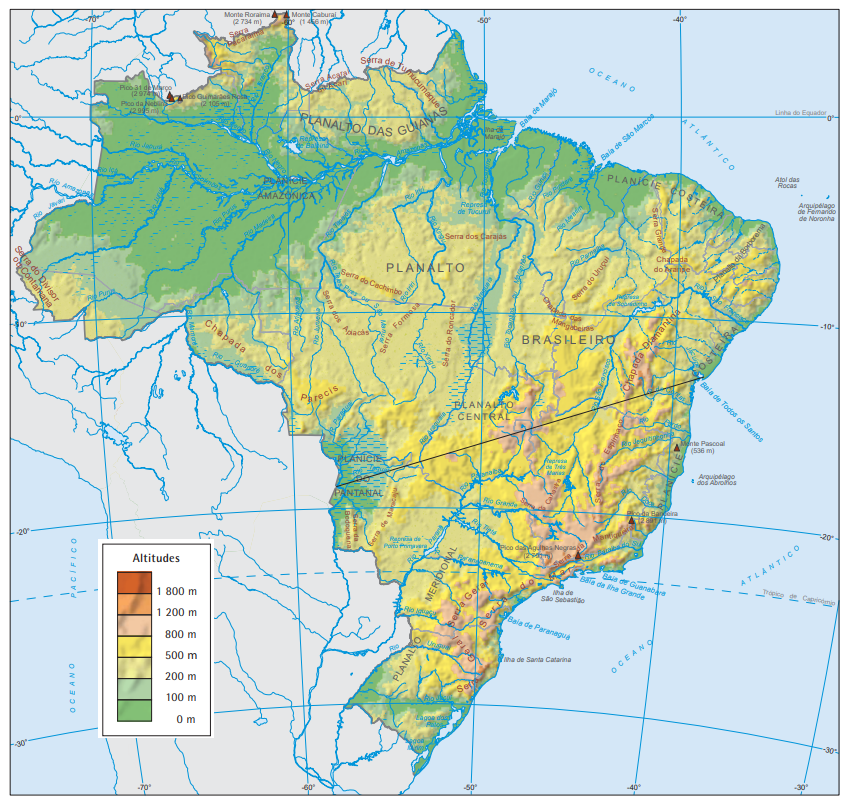 Mapa do relevo brasileiro, aspecto da geografia do Brasil.