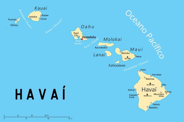 Mapa do Havaí, um dos 50 estados dos Estados Unidos.