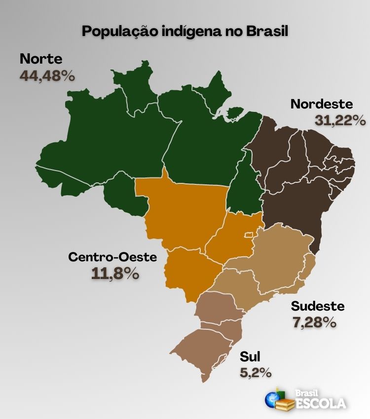 Mapa do Brasil com o percentual de indígenas em cada região