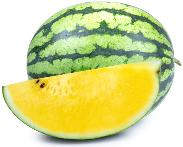 Fatia de uma melancia com a polpa amarela, uma das variedades de melancia, ao lado de uma melancia inteira.