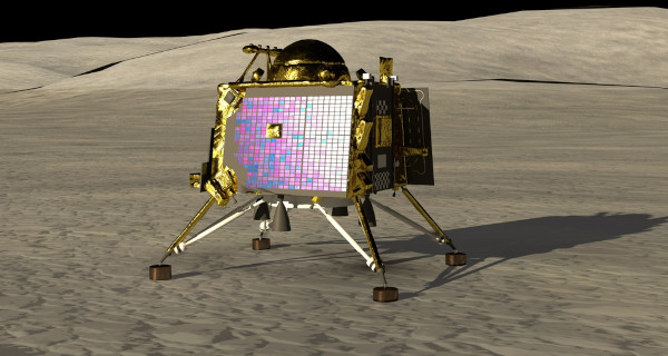 Representação gráfica do módulo lunar da missão espacial indiana Chandrayaan-3 na superfície da Lua.