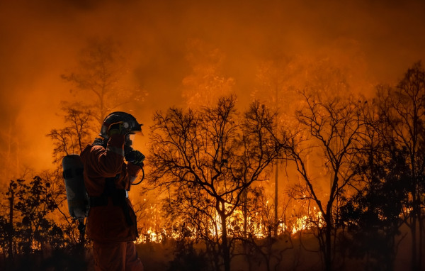 Bombeiro combatendo incêndio florestal, uma consequência da ebulição global.