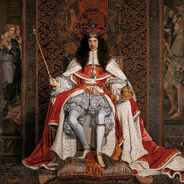 Pintura de Carlos II, da dinastia Stuart, em sua coroação como rei da Inglaterra, no contexto da Revolução Inglesa.