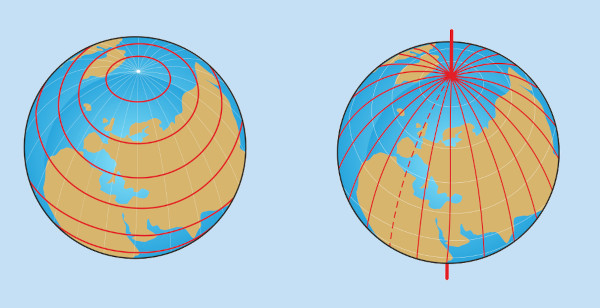 Dois globos terrestres cortados por paralelos e meridianos.
