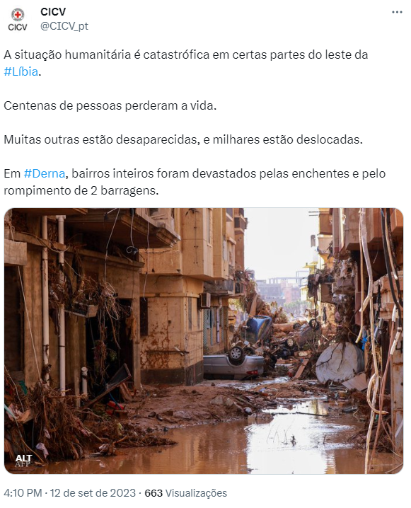 Tweet do Comitê Internacional da Cruz Vermelha com foto da cidade devastada por enchente na Líbia