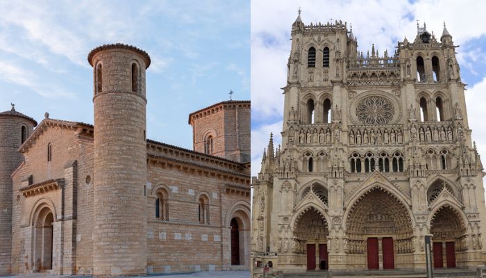 Catedral em estilo românico e catedral em estilo gótico, os principais estilos utilizados nas catedrais da Igreja Medieval.