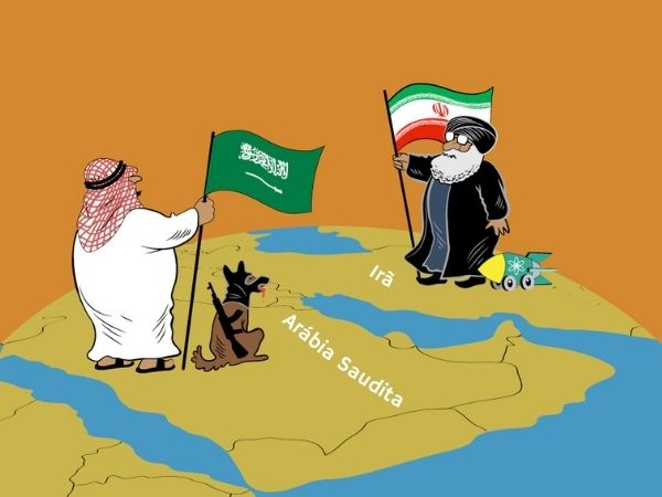 Ilustração mostra disputa entre o Irã e a Arábia Saudita, que representam os xiitas e os sunitas respectivamente.