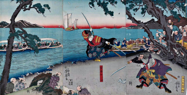 Pintura japonesa do século XIX representado o lendário combate entre os samurais Miyamoto Musashi e Sasaki Kojiro.