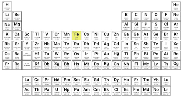 Tabela Periódica com destaque para a localização do elemento ferro.