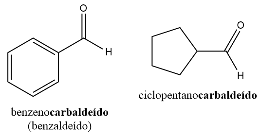Exemplos da nomenclatura de aldeídos com anéis aromáticos, com destaque para o sufixo “-carbaldeído”.