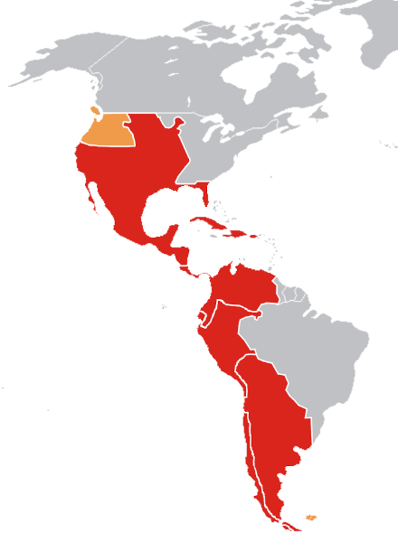 Mapa mostrando, em vermelho, os territórios colonizados pela Espanha durante a colonização espanhola.