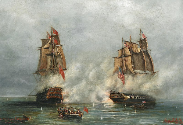 Guerra entre dois navios em uma pintura sobre a independência das Treze Colônias.