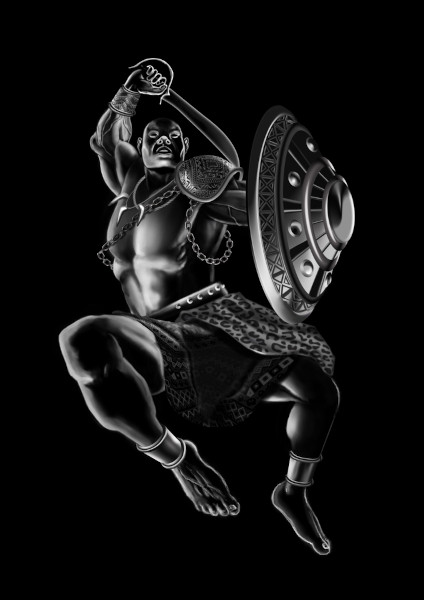 Representação do orixá Ogum: homem negro vestido de soldado segurando espada e escudo.