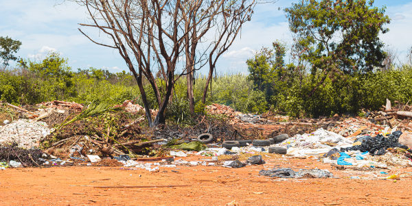 Lixo jogado em terreno, uma causa do problema ambiental brasileiro da poluição.