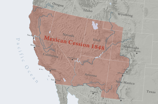 Mapa mostrando o território cedido pelo México aos Estados Unidos no contexto da marcha para o oeste nos Estados Unidos.
