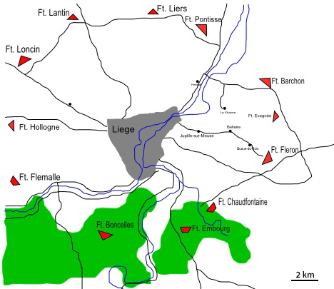 Mapa das fortalezas belgas em torno de Liège