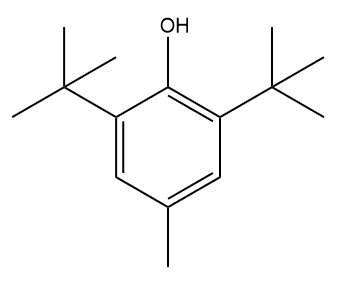 Fórmula estrutural condensada do BHT (hidroxitolueno butilado), um dos principais fenóis.