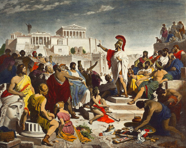 Péricles discursando em Atenas, em texto sobre democracia ateniense.