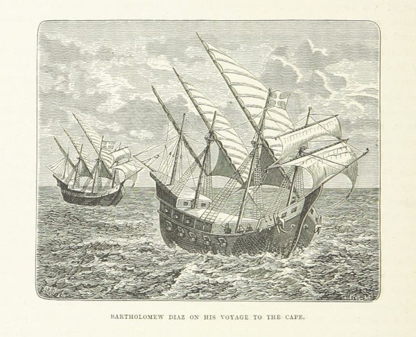 Gravura da frota de Bartolomeu Dias e sua expedição, composta por duas caravelas, durante a viagem à África.