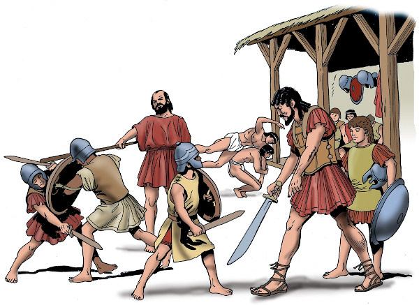 Ilustração de treinamento militar de Esparta, com crianças e adultos simulando combate.