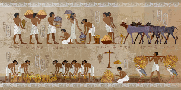 Mural ilustrando camponeses no Antigo Egito