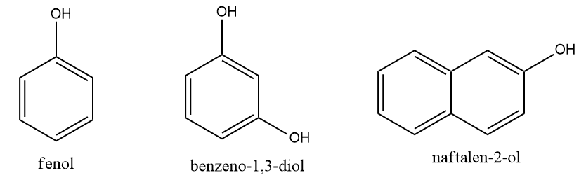 Fórmula estrutural condensada e nomenclatura de três fenóis mostrando como é a nomenclatura do fenol.
