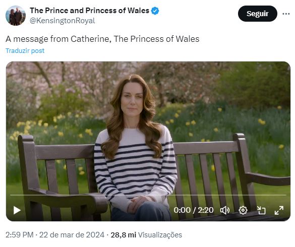 Kate Middleton em vídeo que anuncia seu diagnóstico de câncer 