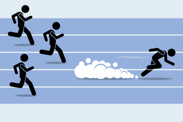 Ilustração de silhuetas de corredores em disputa, em texto sobre grau superlativo.