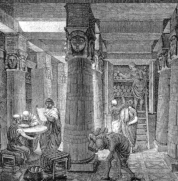 Egípicios manuseando papiros na Biblioteca de Alexandria.