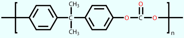 Estrutura de um policarbonato, um dos tipos de polímeros quanto à sua estrutura.