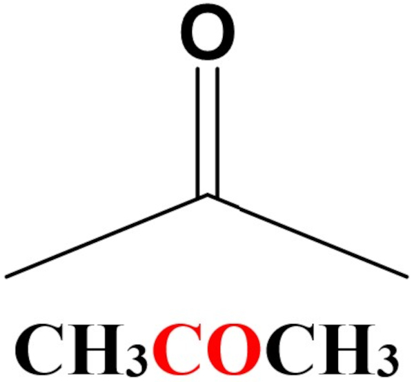 Estrutura química da acetona, uma das cetonas alifáticas.