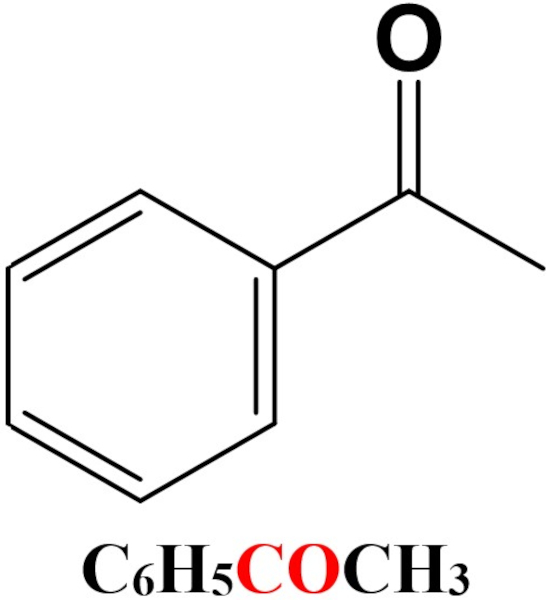 Estrutura química da acetofenona, uma das cetonas aromáticas.