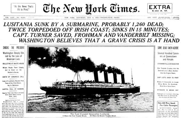 Manchete sobre o afundamento do Lusitania, que motivou a entrada dos EUA na Primeira Guerra Mundial.