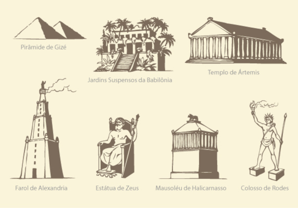 Ilustração mostrando as 7 maravilhas do mundo antigo.