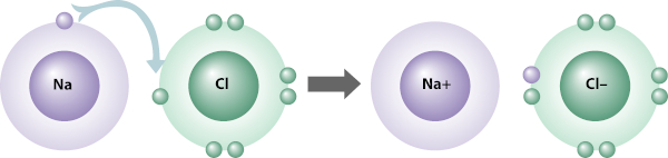 Representação gráfica da ligação iônica entre um átomo de sódio e um átomo de cloro, um dos ametais.