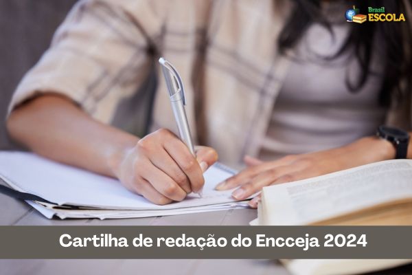 Estudante escrevendo, texto Cartilha de redação do Encceja 2024