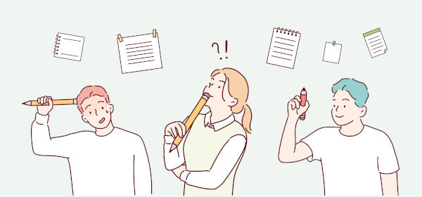 Ilustração de três pessoas pensando a respeito de como fazer uma redação, uma alusão aos 15 maiores erros de redação.