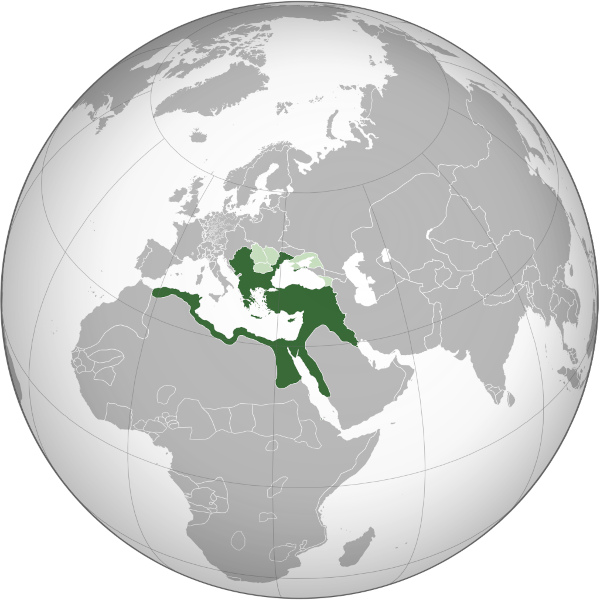 Mapa da extensão máxima do Império Otomano.