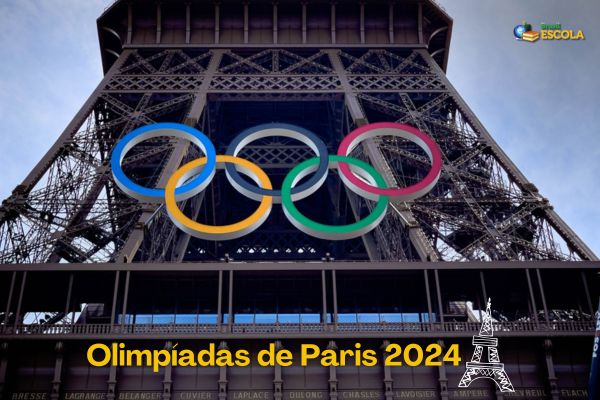 Foto aproximada da Torre Eiffel, arcos olímpicos e texto Olimpíadas de Paris 2024