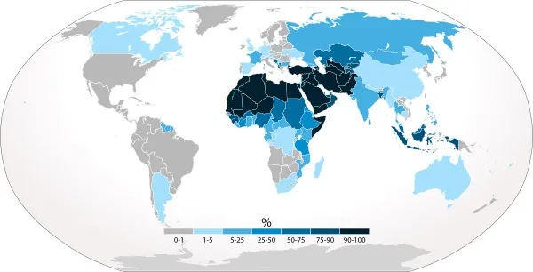 Mapa da distribuição do islã por países, em texto sobre árabes e muçulmanos.