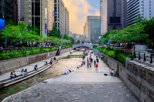 Rio Cheonggyecheon, um dos principais exemplos de despoluição de rios.