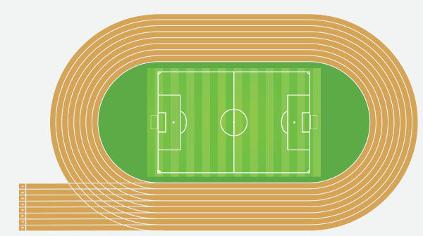 Quadra de atletismo em texto sobre comprimento do arco.