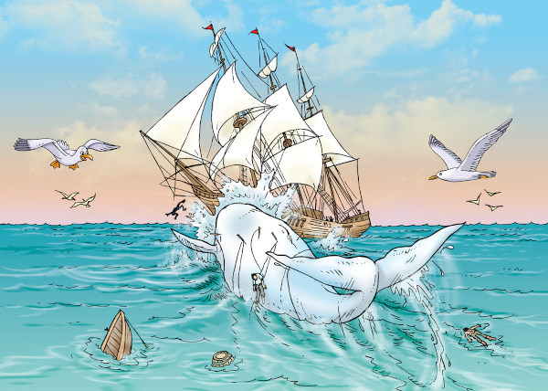 Ilustração de uma baleia atacando um navio, uma alusão a Moby Dick.