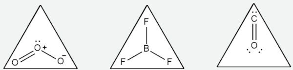 Moléculas no arranjo trigonal plano em texto sobre geometria molecular.