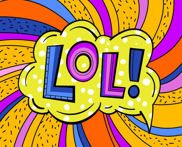 Ilustração colorida com a gíria “LOL”, uma das gírias em inglês mais conhecidas no Brasil.