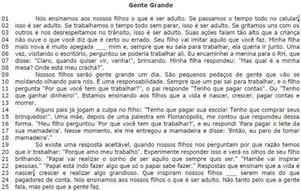 Texto “Gente Grande”, de Marcos Piangers, em questão da Fundatec sobre conjunção subordinativa.