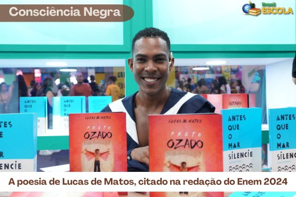 Lucas de Matos em evento literário com os livros Preto Ozado e Antes que o mar silencie