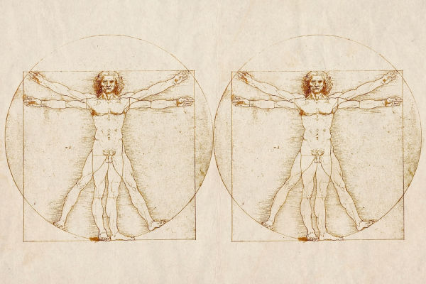 Dois exemplares, lado a lado, do “Homem Vitruviano”, famoso desenho de Leonardo da Vinci.