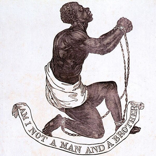 Homem negro ajoelhado em cartaz de campanha do abolicionismo.